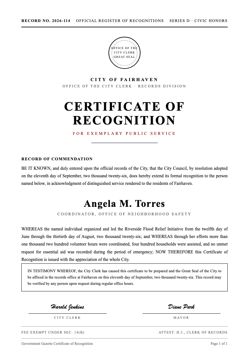 Government gazette certificate